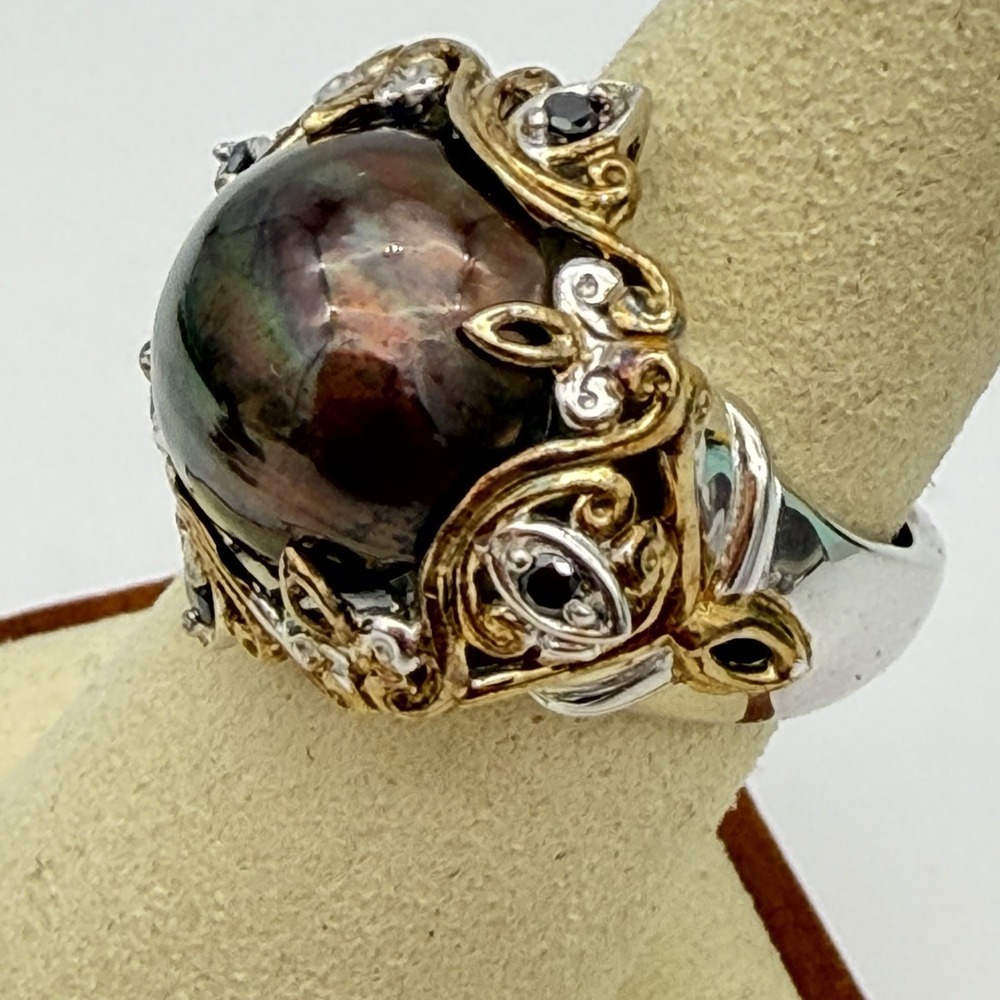 Gems en Vogue Bronze Mabe Pearl & Black Diamond Ring - size 7 Michael Valitutti‎